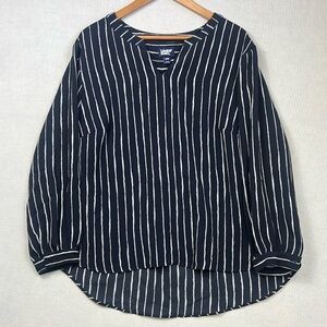 Lands’ End Size 18W Pop Over V-Neck Striped Blouse Nautical Navy and White
